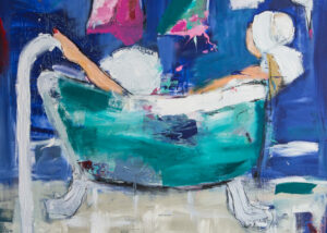 Frau mit Hundtuch in der Badewanne unter der Wäscheleine Simone Hennig Malerei