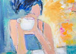 Malerei Frau trinkt Kaffee und lies Buch Simone Hennig